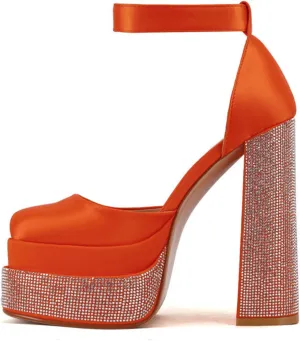 WOilERQ Women Platform Pump Sandals 5.5" Chunky Block Heel Ankle Strap Buckle Closed Square Toe Party Street high Heels Rhinestone Evening Party Dress Shoes,Orange,5