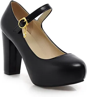 Women Chunky High Heel Dress Shoes Round Toe Ankle Strap Mary Jane Comfy Platform Office Party Pumps