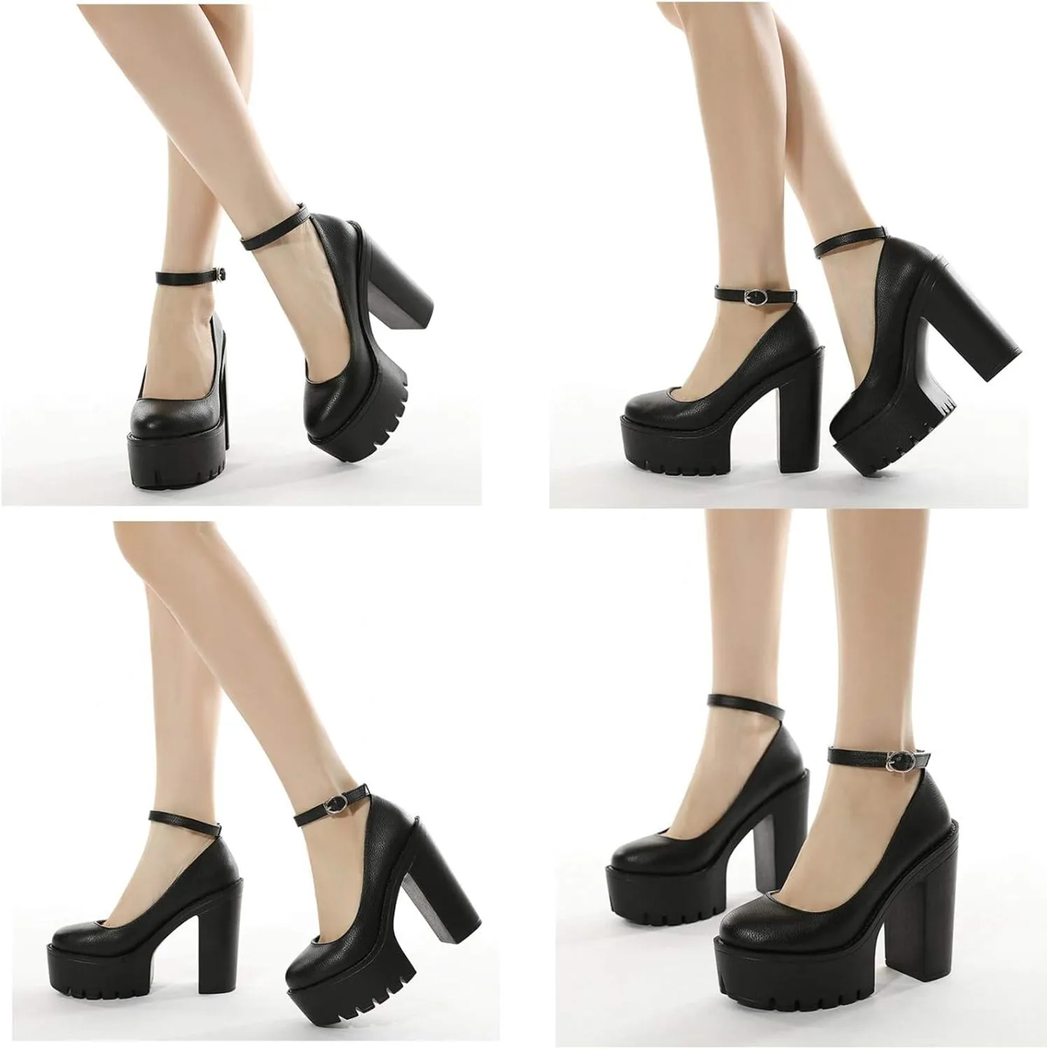 Women Chunky Platform Mary Jane Shoes Retro Ankle Strap Buckle Round Toe High Heels Dress Pumps