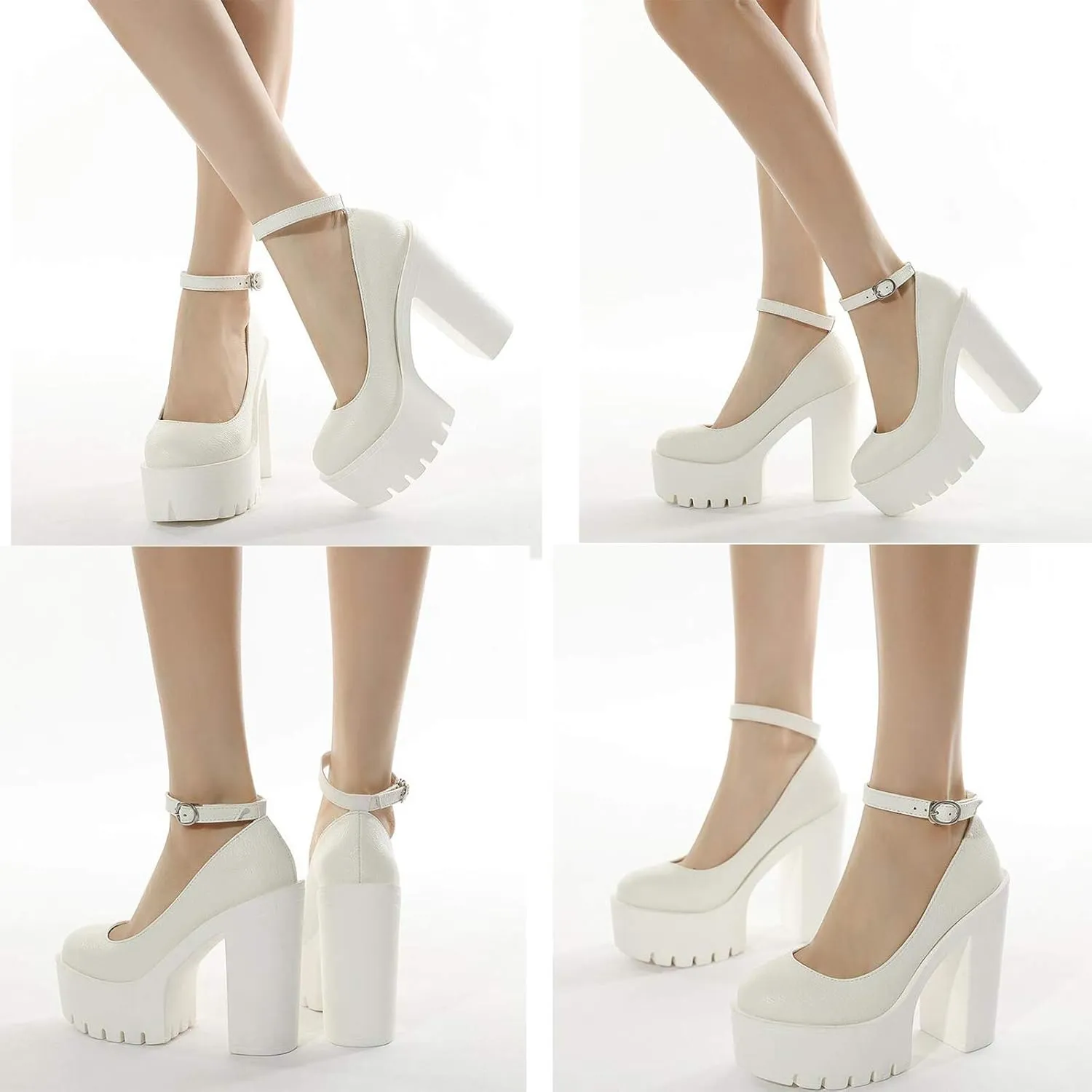 Women Chunky Platform Mary Jane Shoes Retro Ankle Strap Buckle Round Toe High Heels Dress Pumps