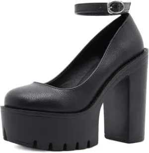 Women Chunky Platform Mary Jane Shoes Retro Ankle Strap Buckle Round Toe High Heels Dress Pumps