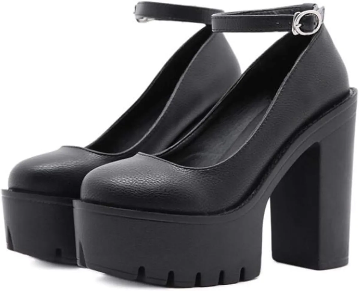 Women Chunky Platform Mary Jane Shoes Retro Ankle Strap Buckle Round Toe High Heels Dress Pumps