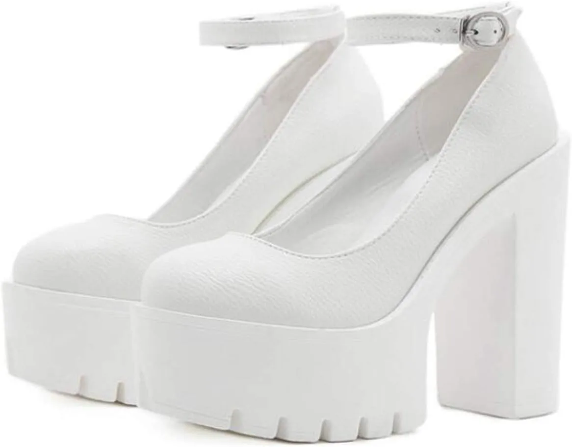 Women Chunky Platform Mary Jane Shoes Retro Ankle Strap Buckle Round Toe High Heels Dress Pumps