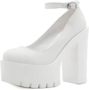 Women Chunky Platform Mary Jane Shoes Retro Ankle Strap Buckle Round Toe High Heels Dress Pumps