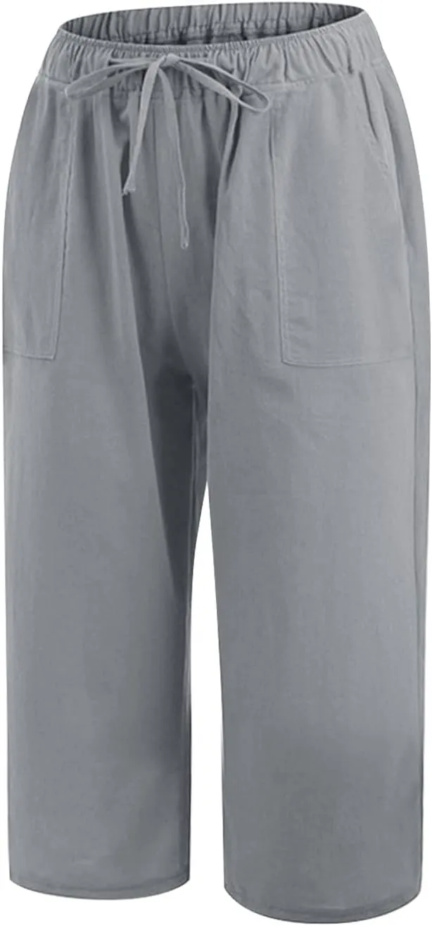 Women Cotton Linen Summer Boho Pants High Waist Ankle Length Plus Size Trouser Travel