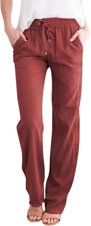 Women Cotton Linen Summer Floral Palazzo Lounge Pants Low Waist Stretchy Slim-Fit Palazzo Pants Beach