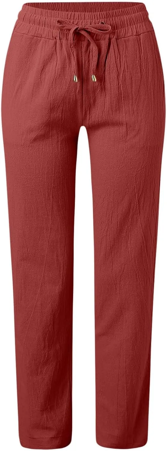 Women Cotton Linen Summer Floral Palazzo Lounge Pants Low Waist Stretchy Slim-Fit Palazzo Pants Beach