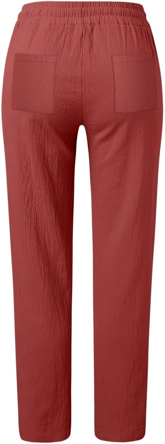 Women Cotton Linen Summer Floral Palazzo Lounge Pants Low Waist Stretchy Slim-Fit Palazzo Pants Beach