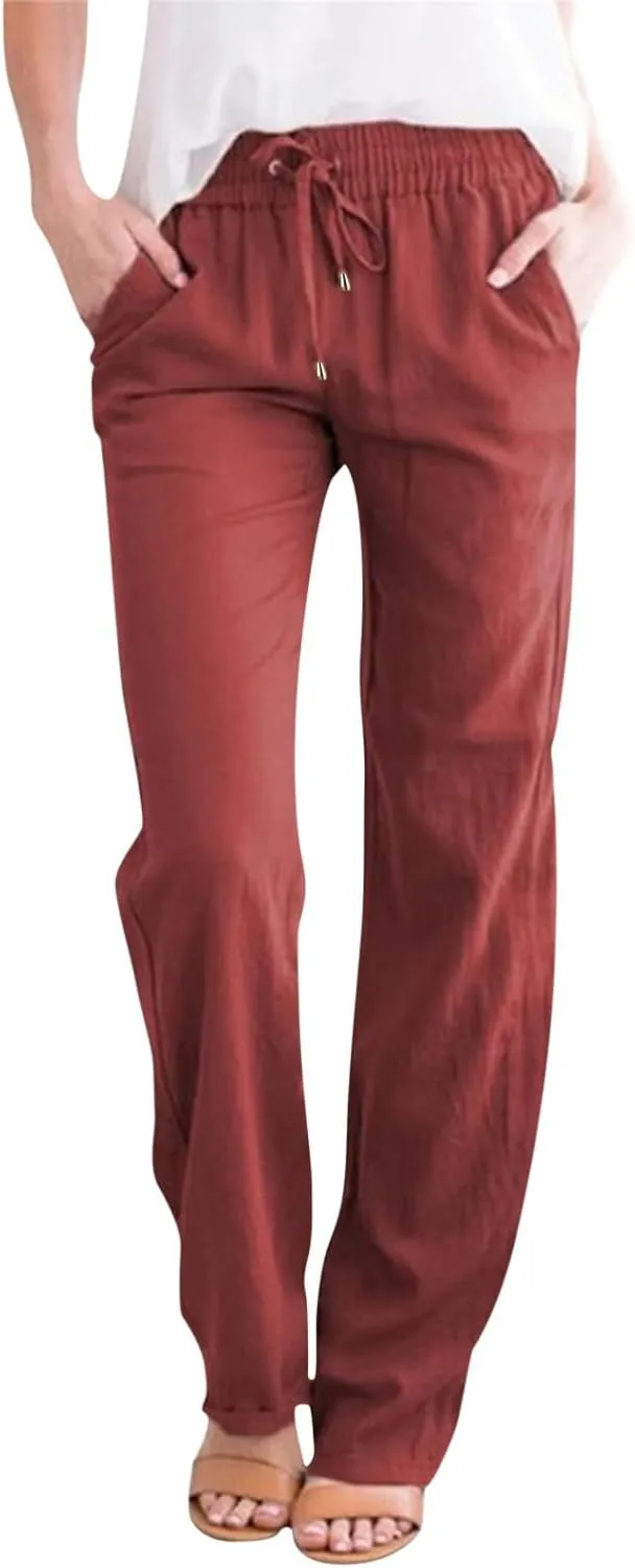 Women Cotton Linen Summer Floral Palazzo Lounge Pants Low Waist Stretchy Slim-Fit Palazzo Pants Beach