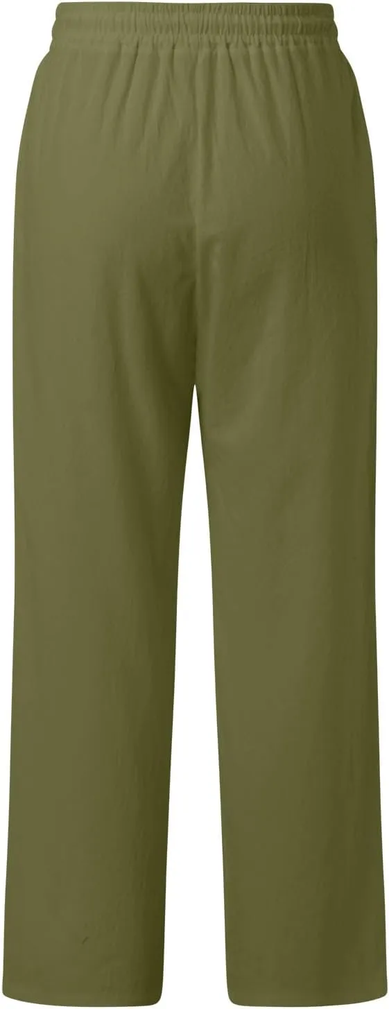 Women Cotton Linen Summer Tie Knot Palazzo Pants Elastic Waist Wide Leg Slim Fit Trouser Trendy