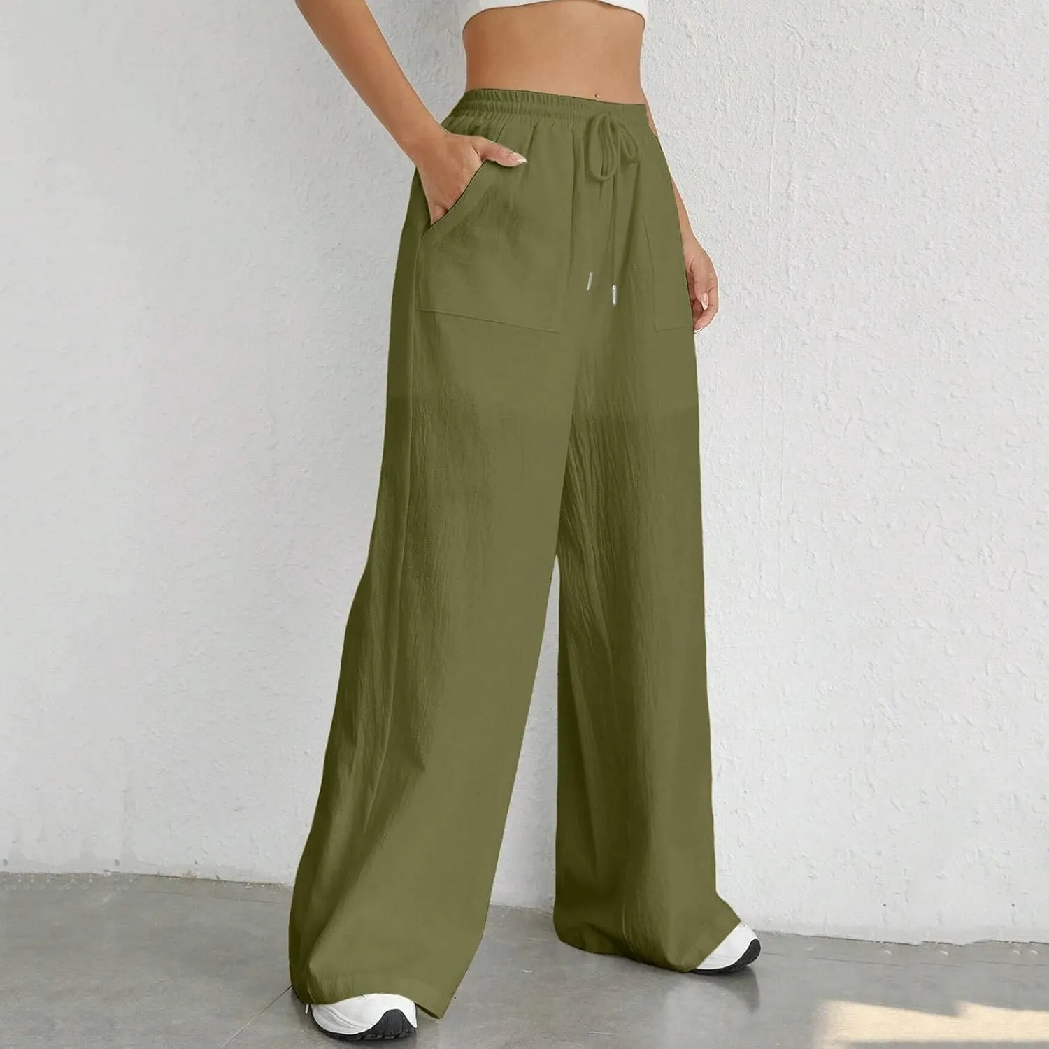 Women Cotton Linen Summer Tie Knot Palazzo Pants Elastic Waist Wide Leg Slim Fit Trouser Trendy
