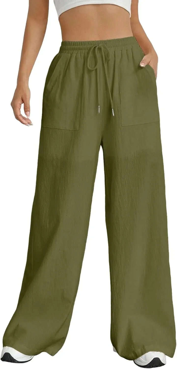 Women Cotton Linen Summer Tie Knot Palazzo Pants Elastic Waist Wide Leg Slim Fit Trouser Trendy