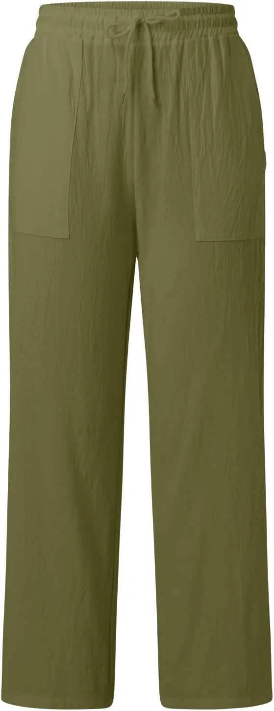 Women Cotton Linen Summer Tie Knot Palazzo Pants Elastic Waist Wide Leg Slim Fit Trouser Trendy