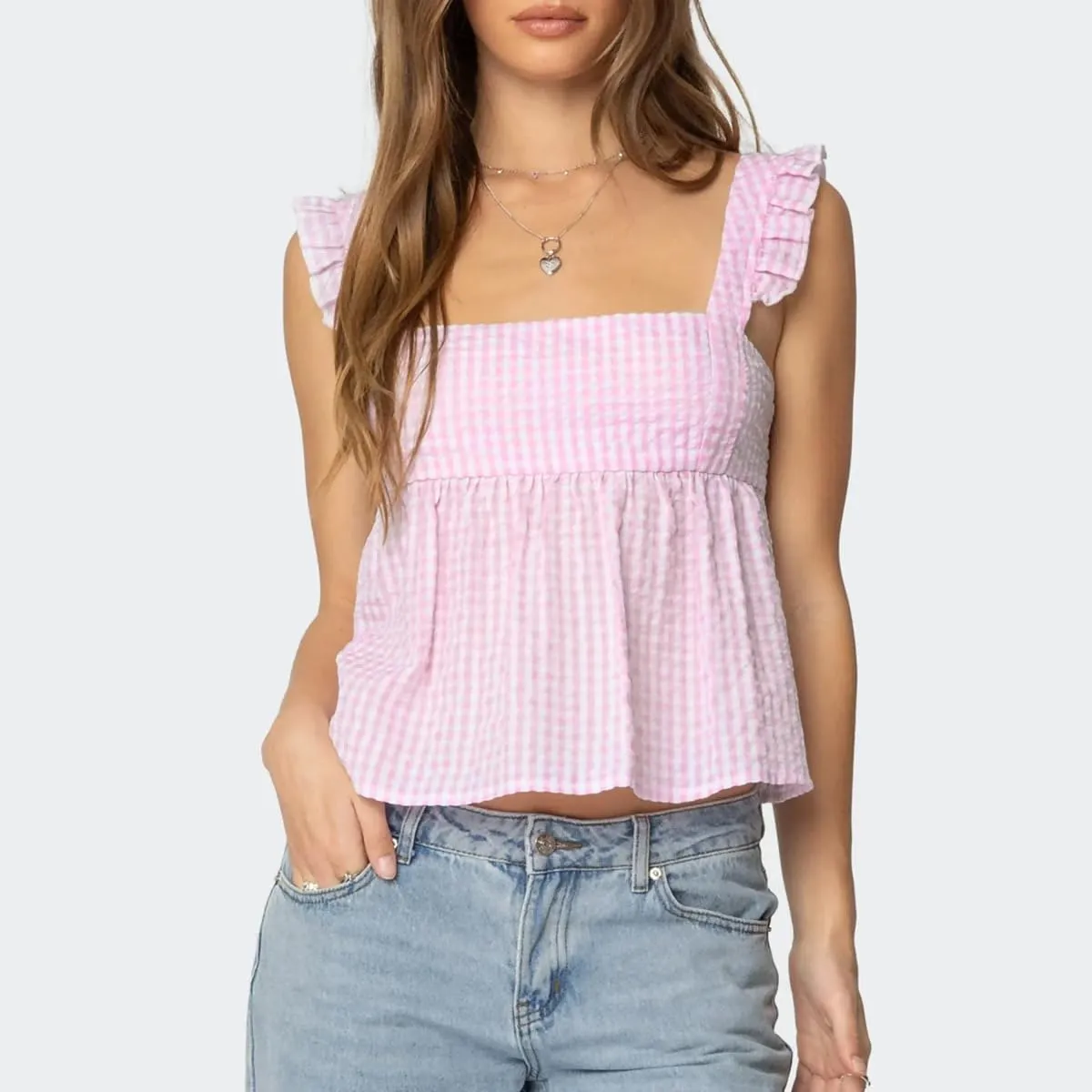Women Floral Babydoll Tank Top Y2k Square Neck Peplum Cami Cute Backless Bow Tie Shirt Flutter Sleeve Going Out Tops