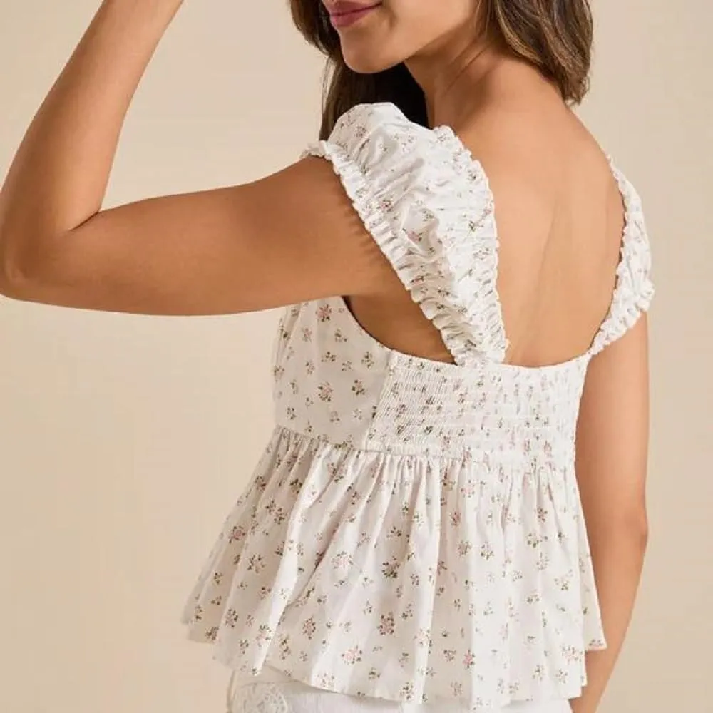 Women Floral Babydoll Tank Top Y2k Square Neck Peplum Cami Cute Backless Bow Tie Shirt Flutter Sleeve Going Out Tops