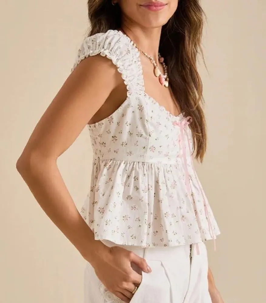 Women Floral Babydoll Tank Top Y2k Square Neck Peplum Cami Cute Backless Bow Tie Shirt Flutter Sleeve Going Out Tops