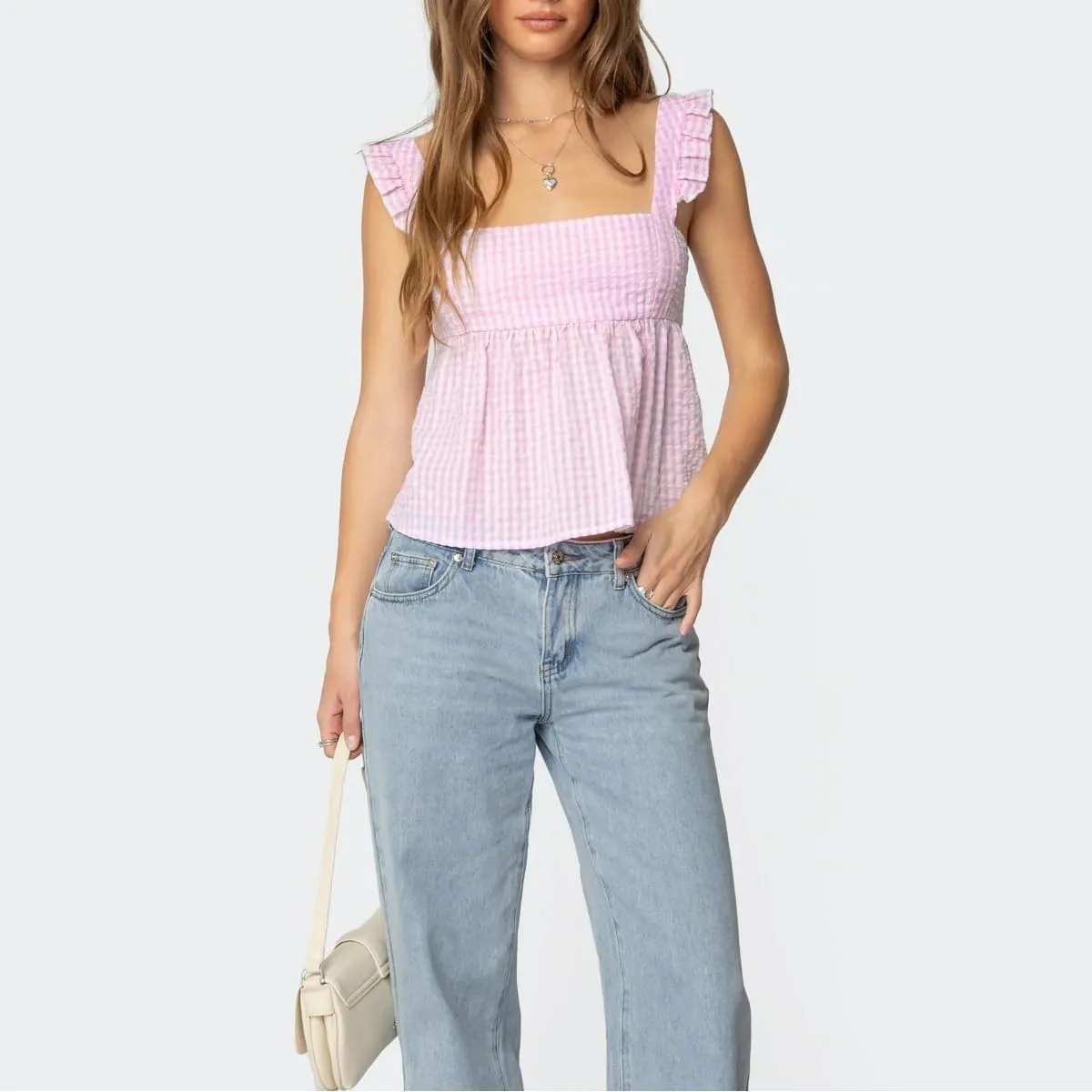 Women Floral Babydoll Tank Top Y2k Square Neck Peplum Cami Cute Backless Bow Tie Shirt Flutter Sleeve Going Out Tops