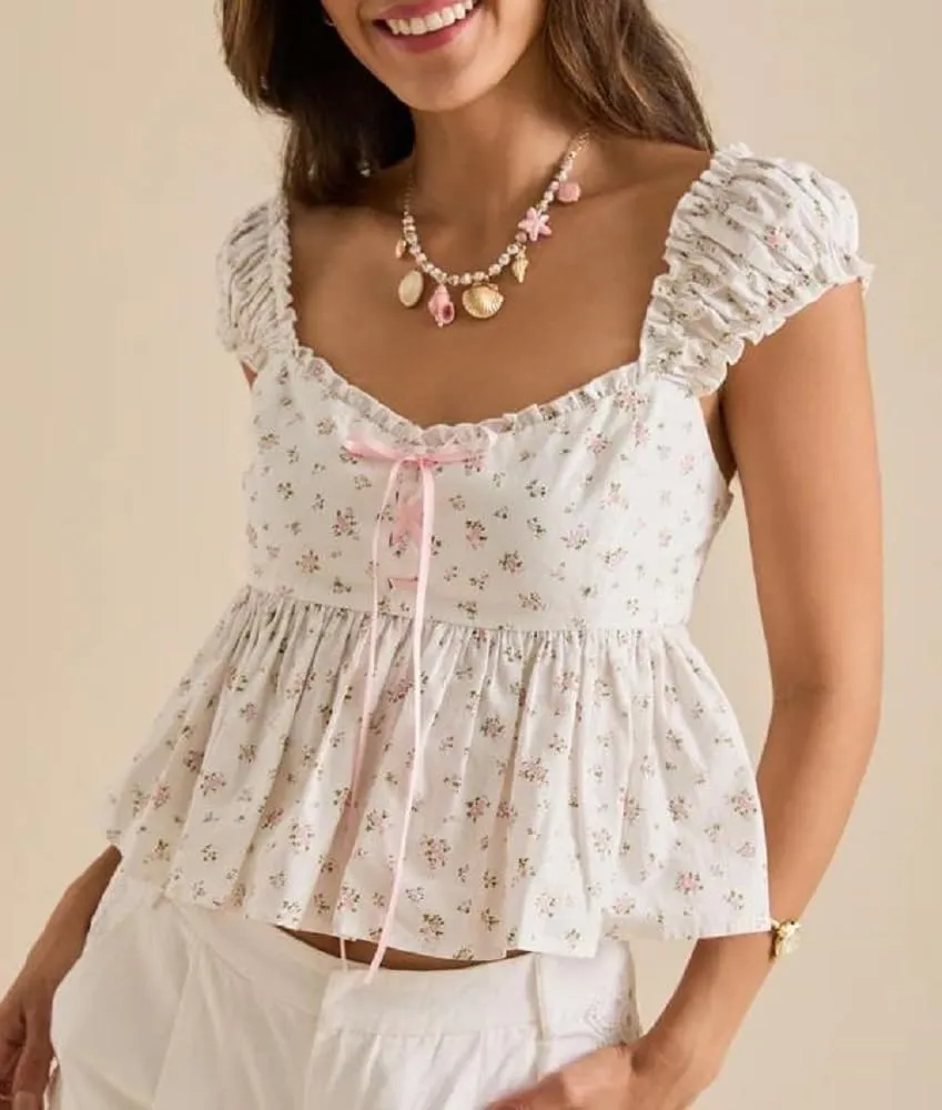 Women Floral Babydoll Tank Top Y2k Square Neck Peplum Cami Cute Backless Bow Tie Shirt Flutter Sleeve Going Out Tops
