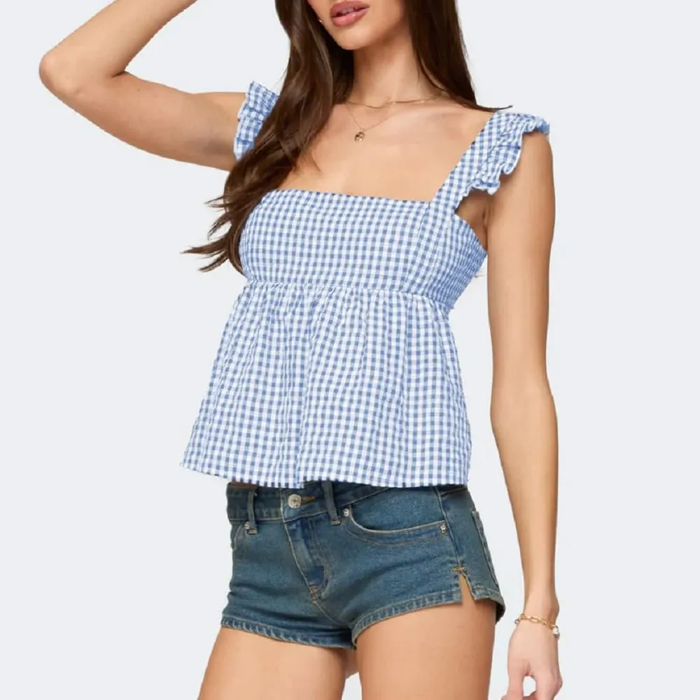 Women Floral Babydoll Tank Top Y2k Square Neck Peplum Cami Cute Backless Bow Tie Shirt Flutter Sleeve Going Out Tops