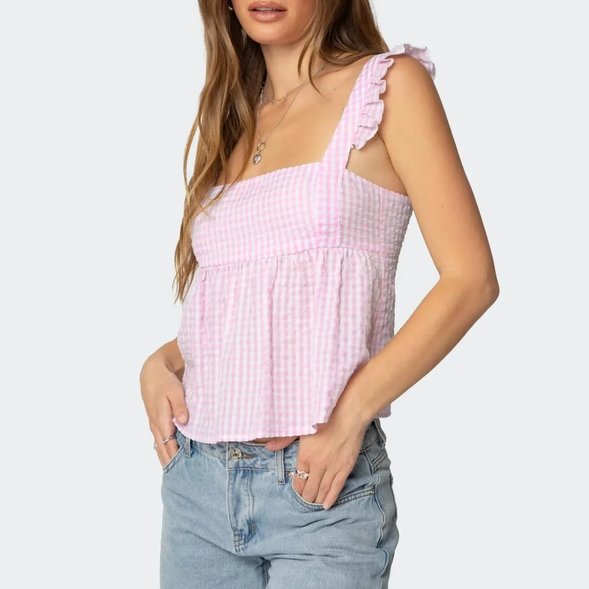 Women Floral Babydoll Tank Top Y2k Square Neck Peplum Cami Cute Backless Bow Tie Shirt Flutter Sleeve Going Out Tops