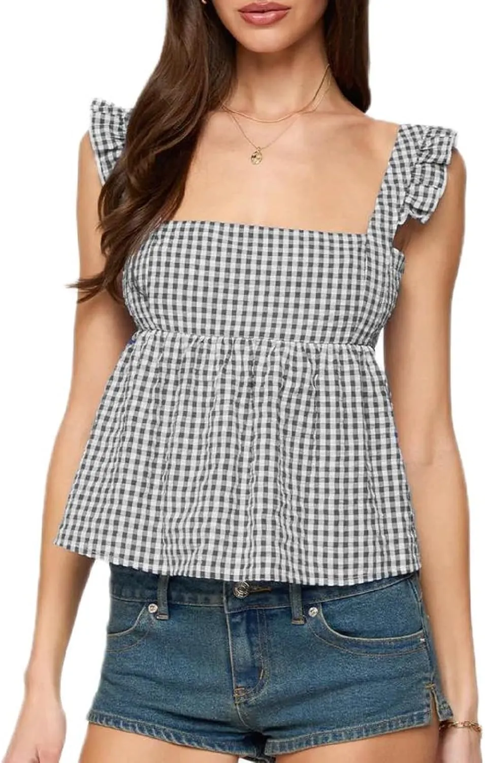Women Floral Babydoll Tank Top Y2k Square Neck Peplum Cami Cute Backless Bow Tie Shirt Flutter Sleeve Going Out Tops