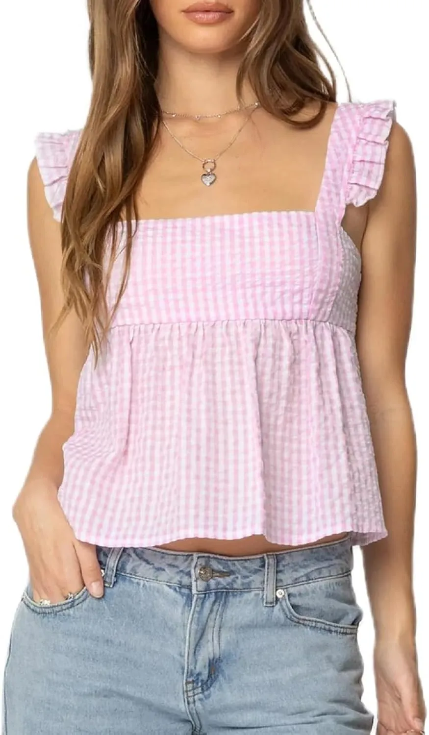 Women Floral Babydoll Tank Top Y2k Square Neck Peplum Cami Cute Backless Bow Tie Shirt Flutter Sleeve Going Out Tops