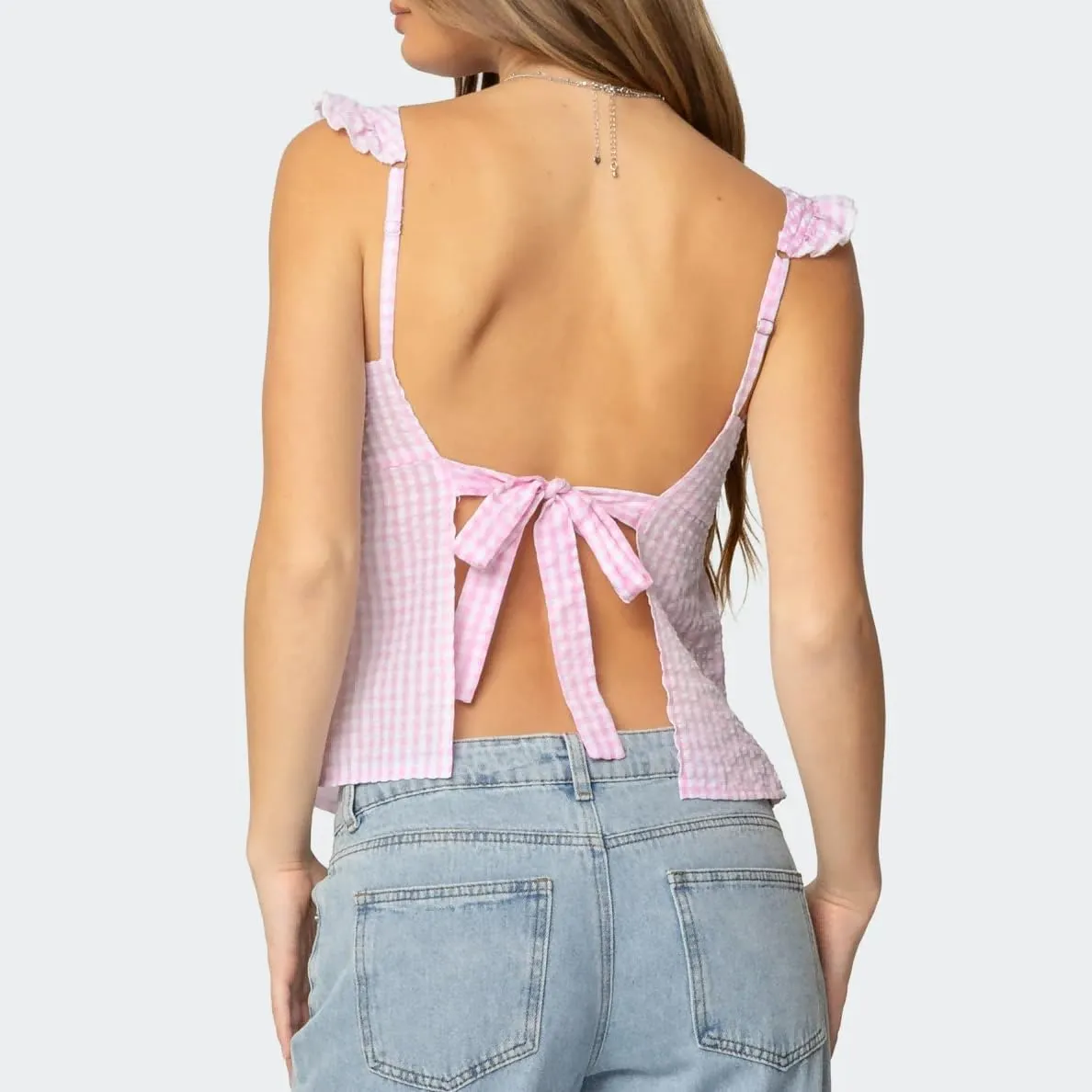 Women Floral Babydoll Tank Top Y2k Square Neck Peplum Cami Cute Backless Bow Tie Shirt Flutter Sleeve Going Out Tops