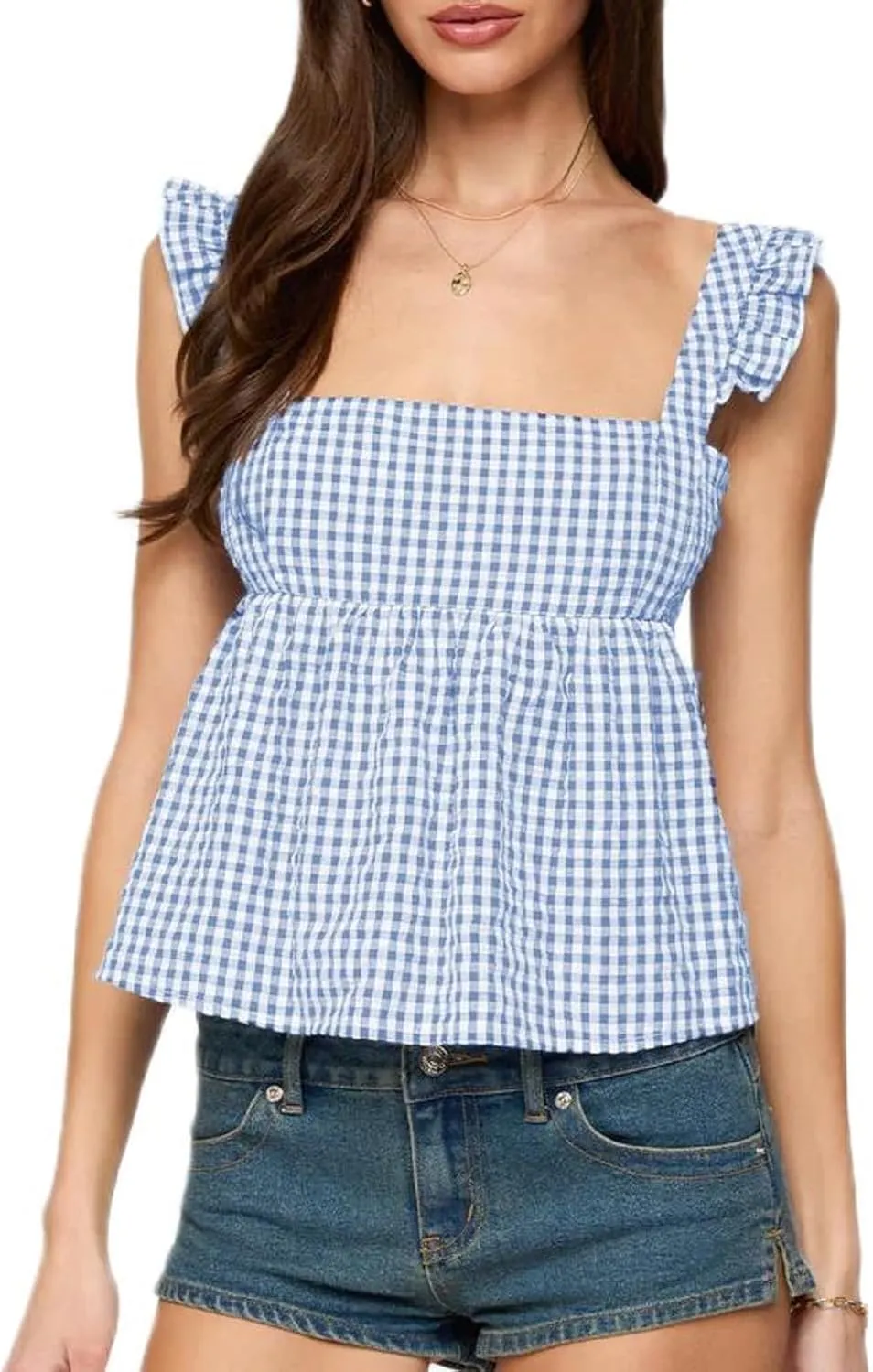 Women Floral Babydoll Tank Top Y2k Square Neck Peplum Cami Cute Backless Bow Tie Shirt Flutter Sleeve Going Out Tops