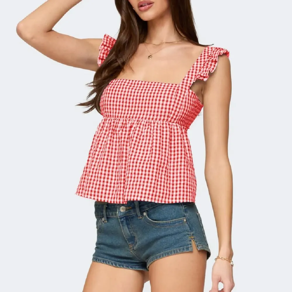 Women Floral Babydoll Tank Top Y2k Square Neck Peplum Cami Cute Backless Bow Tie Shirt Flutter Sleeve Going Out Tops
