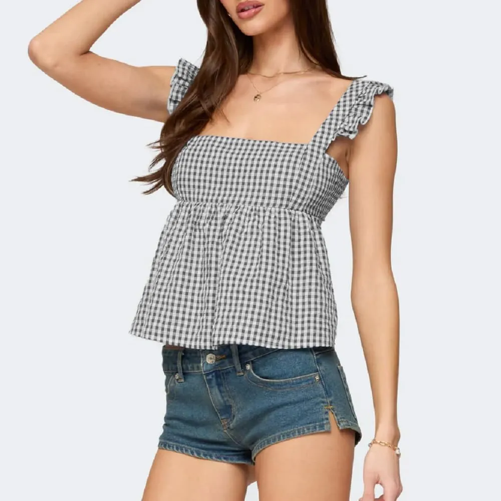 Women Floral Babydoll Tank Top Y2k Square Neck Peplum Cami Cute Backless Bow Tie Shirt Flutter Sleeve Going Out Tops