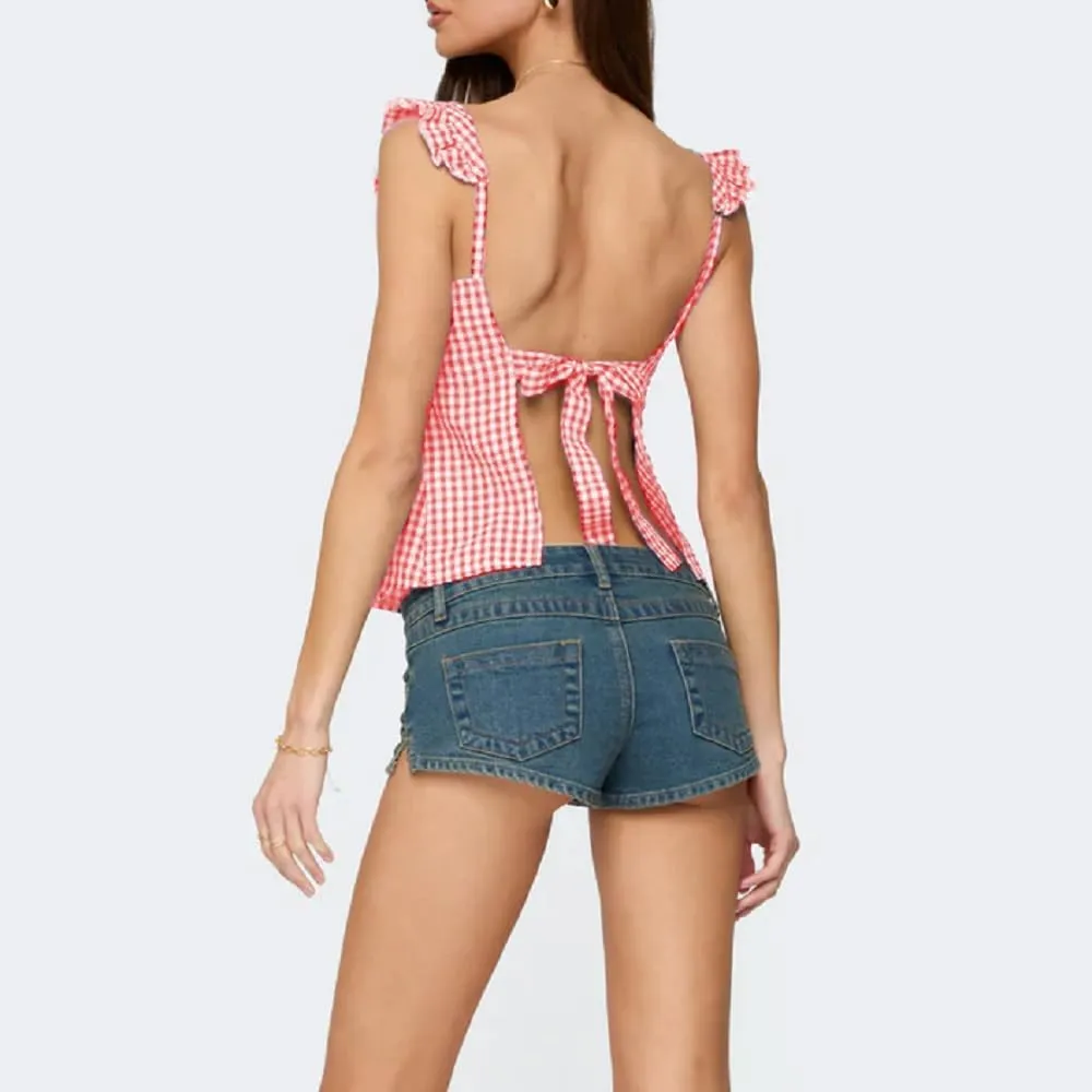 Women Floral Babydoll Tank Top Y2k Square Neck Peplum Cami Cute Backless Bow Tie Shirt Flutter Sleeve Going Out Tops