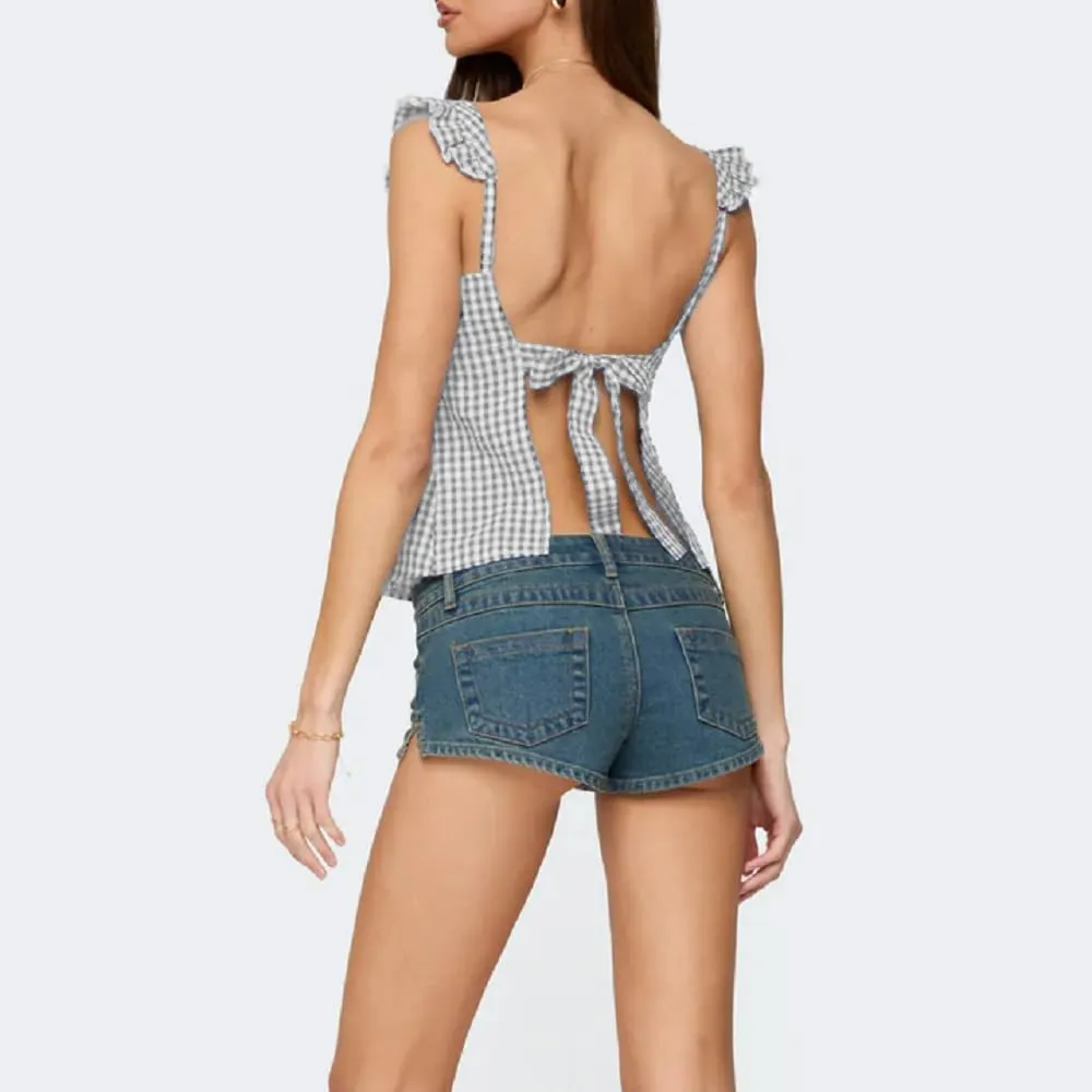 Women Floral Babydoll Tank Top Y2k Square Neck Peplum Cami Cute Backless Bow Tie Shirt Flutter Sleeve Going Out Tops
