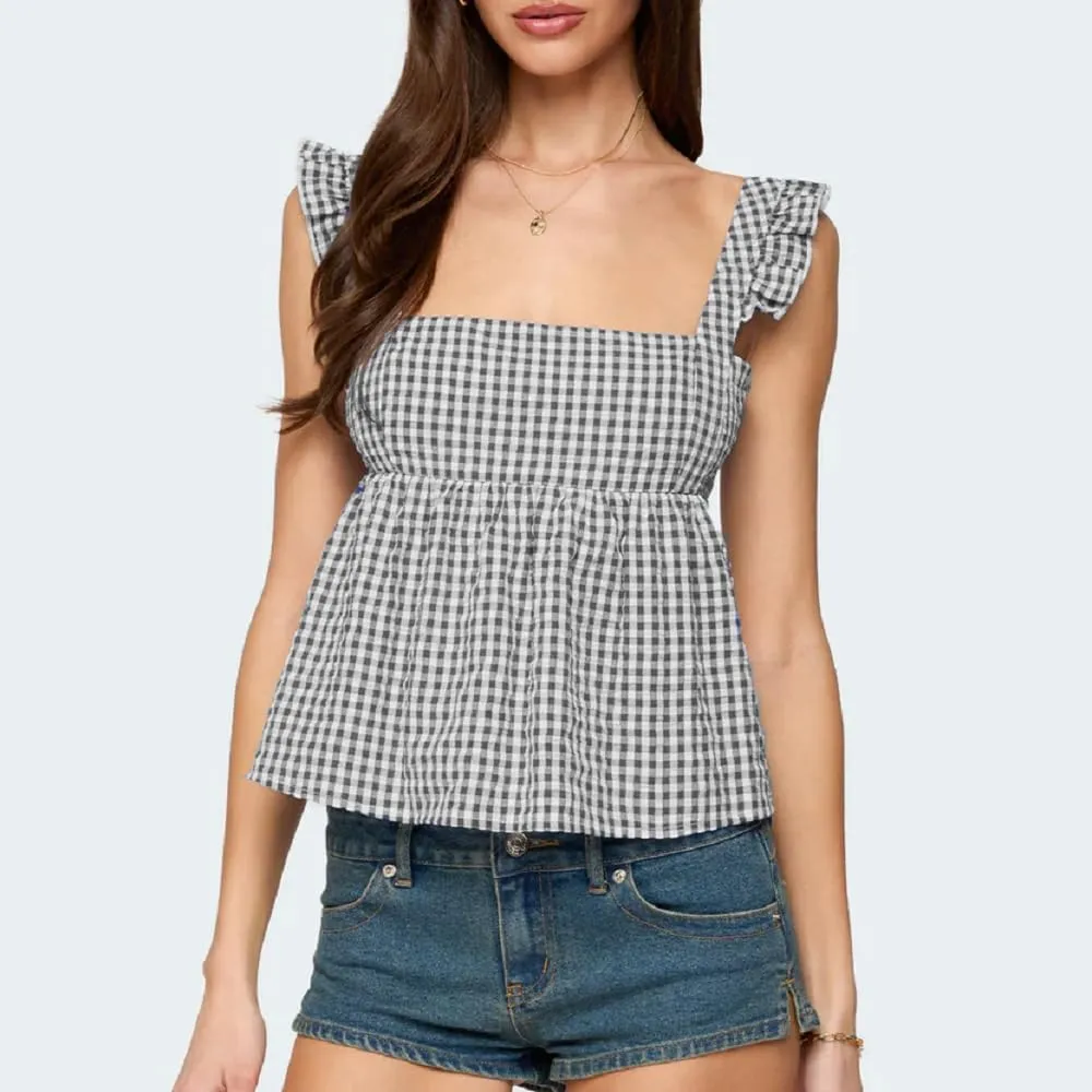 Women Floral Babydoll Tank Top Y2k Square Neck Peplum Cami Cute Backless Bow Tie Shirt Flutter Sleeve Going Out Tops