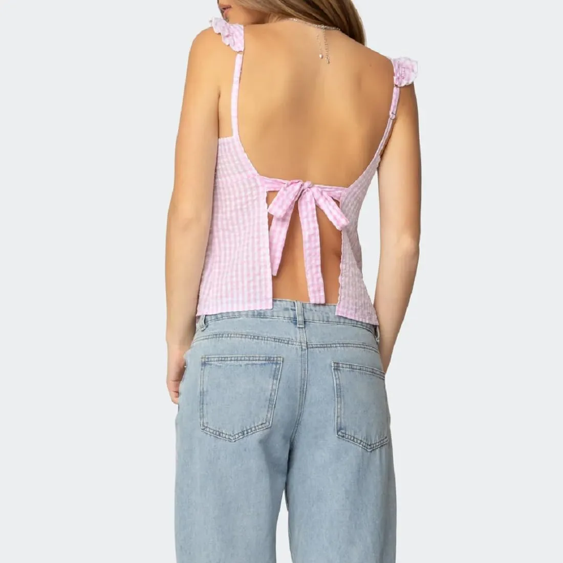 Women Floral Babydoll Tank Top Y2k Square Neck Peplum Cami Cute Backless Bow Tie Shirt Flutter Sleeve Going Out Tops