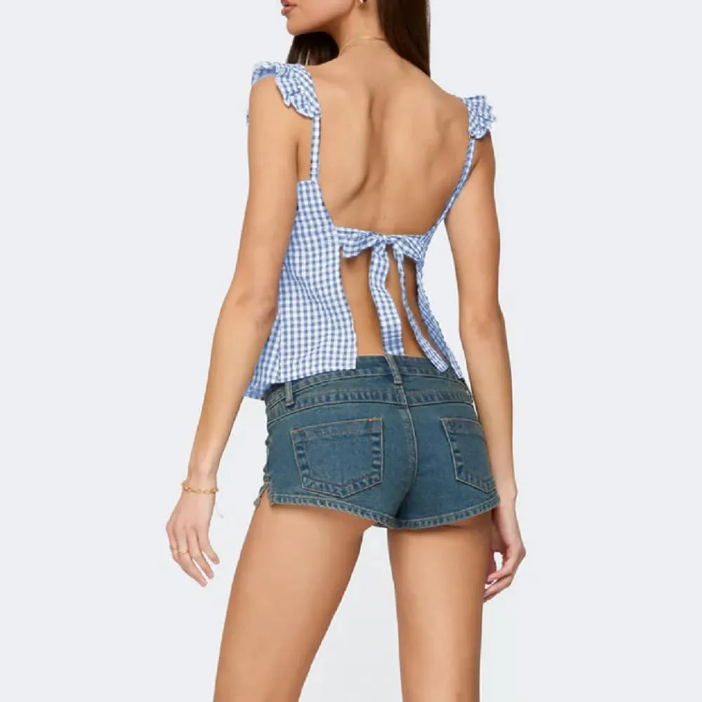 Women Floral Babydoll Tank Top Y2k Square Neck Peplum Cami Cute Backless Bow Tie Shirt Flutter Sleeve Going Out Tops