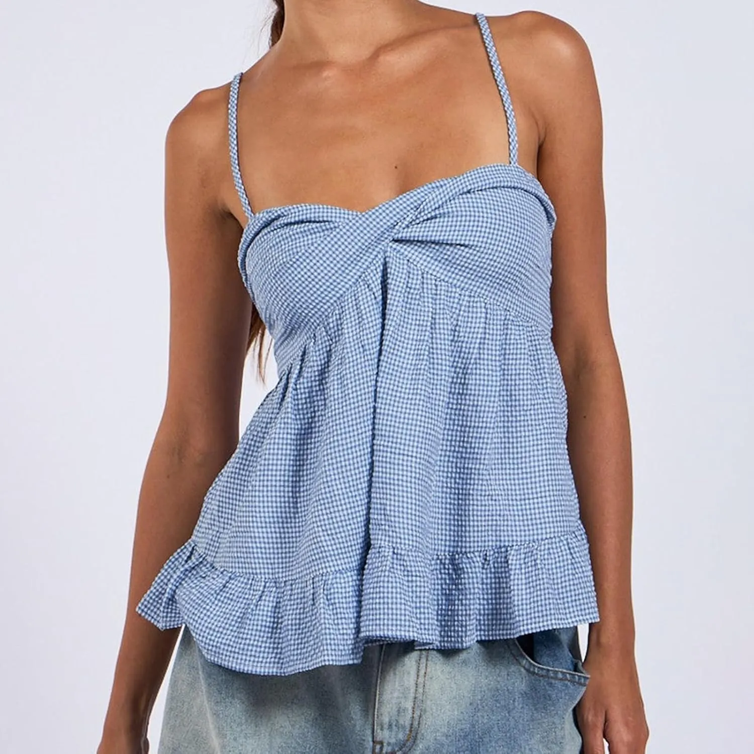 Women Floral Babydoll Top Sexy V Neck Backless Ruffle Hem Going Out Tops Cute Bow Flowy Tank Tops Boho Peplum Tops