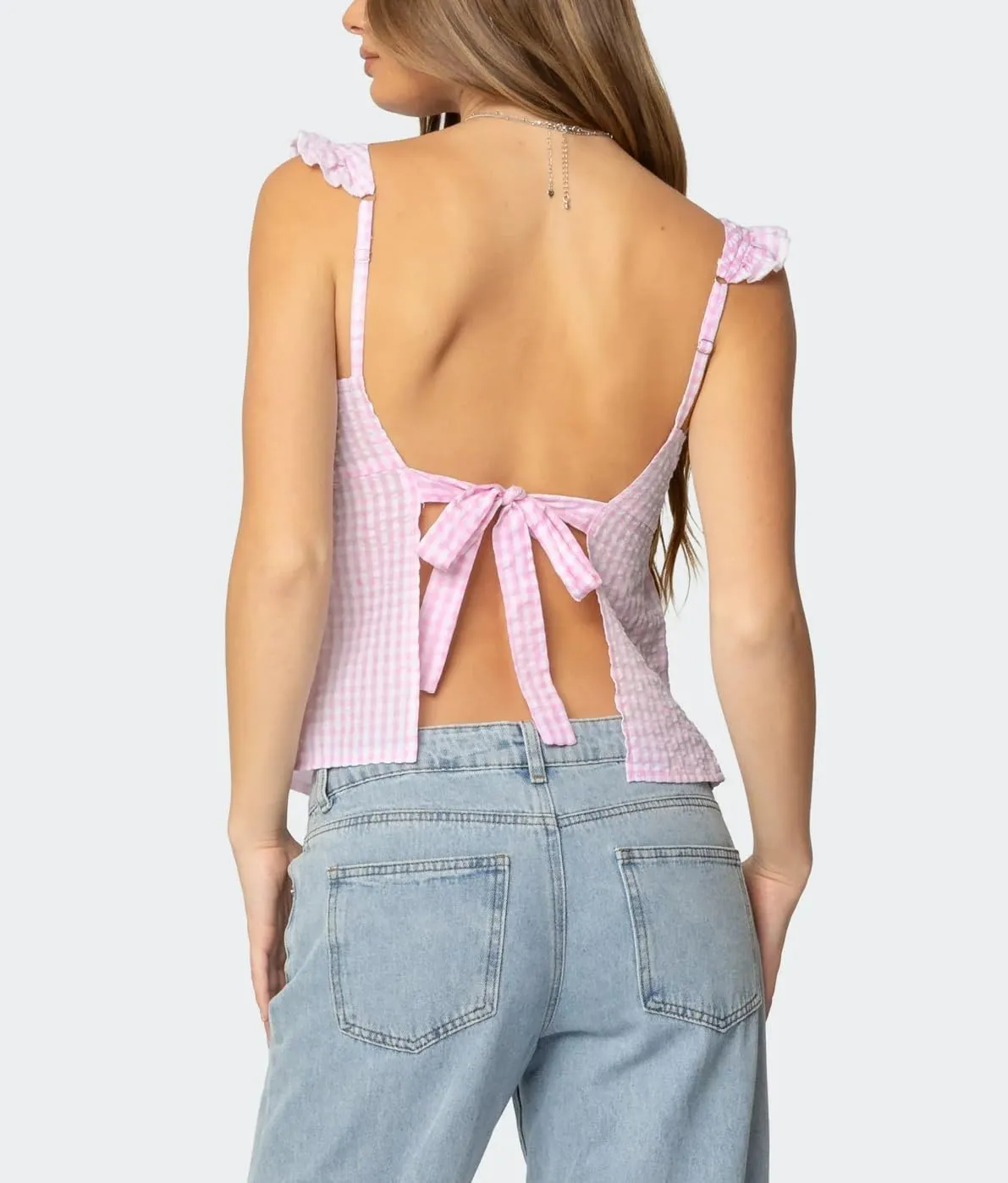 Women Floral Babydoll Top Sexy V Neck Backless Ruffle Hem Going Out Tops Cute Bow Flowy Tank Tops Boho Peplum Tops