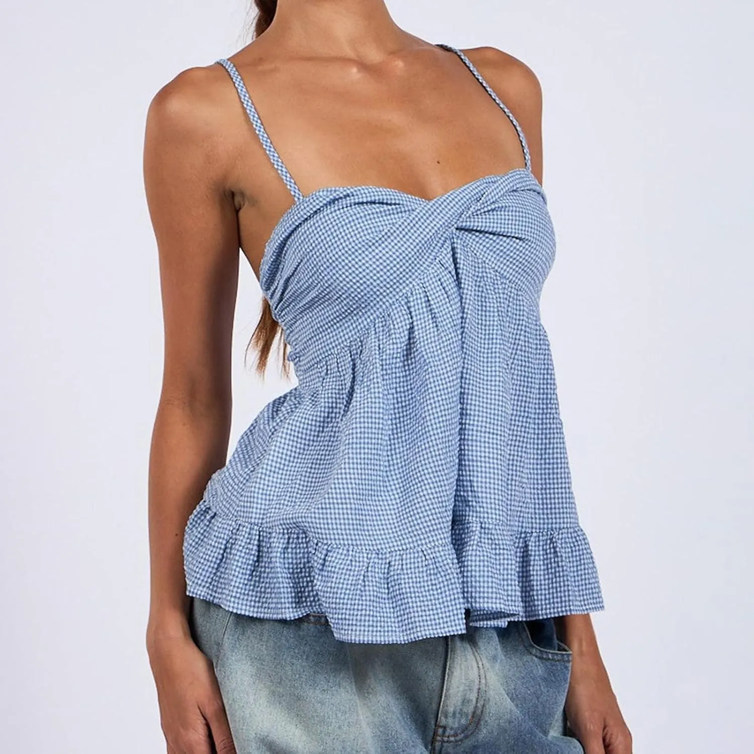 Women Floral Babydoll Top Sexy V Neck Backless Ruffle Hem Going Out Tops Cute Bow Flowy Tank Tops Boho Peplum Tops