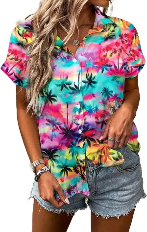Women Hawaiian Shirt Soft Cool Summer Hawaii Tshirts Beach Tropic Print V Neck Button up Tops Floral Short Sleeve Tops