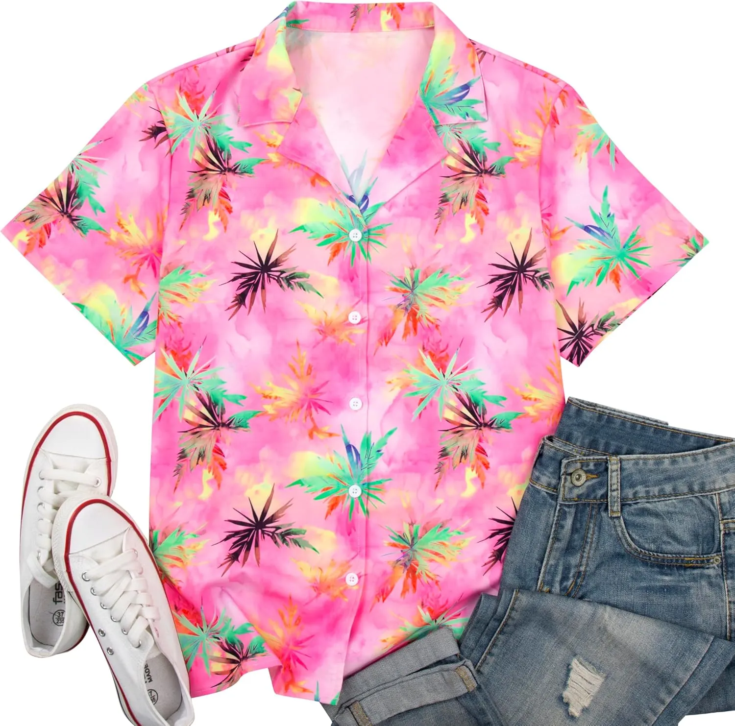 Women Hawaiian Shirt Soft Cool Summer Hawaii Tshirts Beach Tropic Print V Neck Button up Tops Floral Short Sleeve Tops