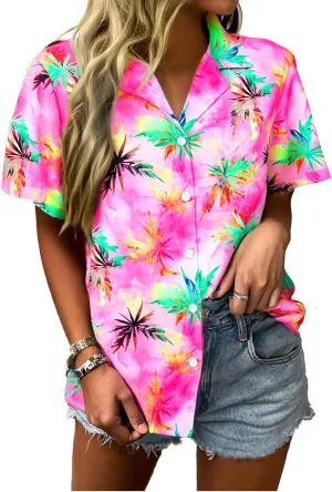 Women Hawaiian Shirt Soft Cool Summer Hawaii Tshirts Beach Tropic Print V Neck Button up Tops Floral Short Sleeve Tops