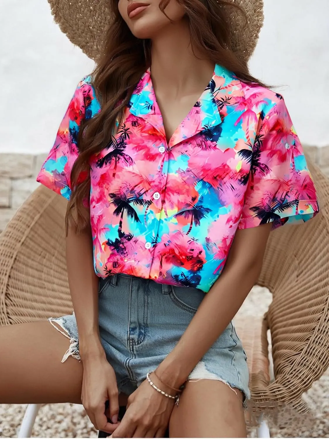 Women Hawaiian Shirt Soft Cool Summer Hawaii Tshirts Beach Tropic Print V Neck Button up Tops Floral Short Sleeve Tops