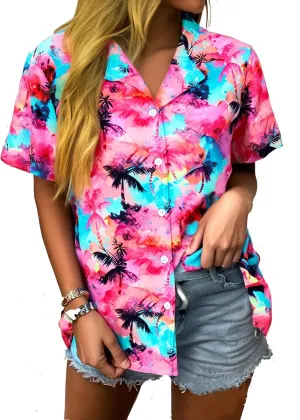 Women Hawaiian Shirt Soft Cool Summer Hawaii Tshirts Beach Tropic Print V Neck Button up Tops Floral Short Sleeve Tops