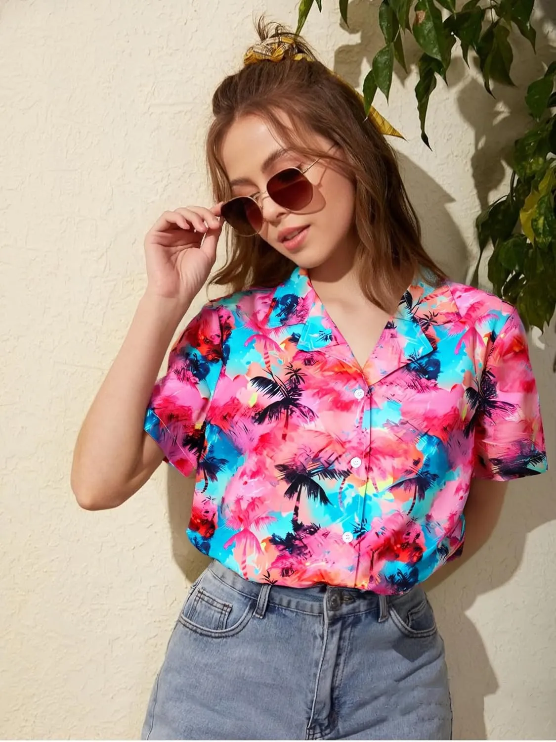 Women Hawaiian Shirt Soft Cool Summer Hawaii Tshirts Beach Tropic Print V Neck Button up Tops Floral Short Sleeve Tops