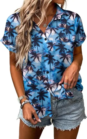 Women Hawaiian Shirt Soft Cool Summer Hawaii Tshirts Beach Tropic Print V Neck Button up Tops Floral Short Sleeve Tops