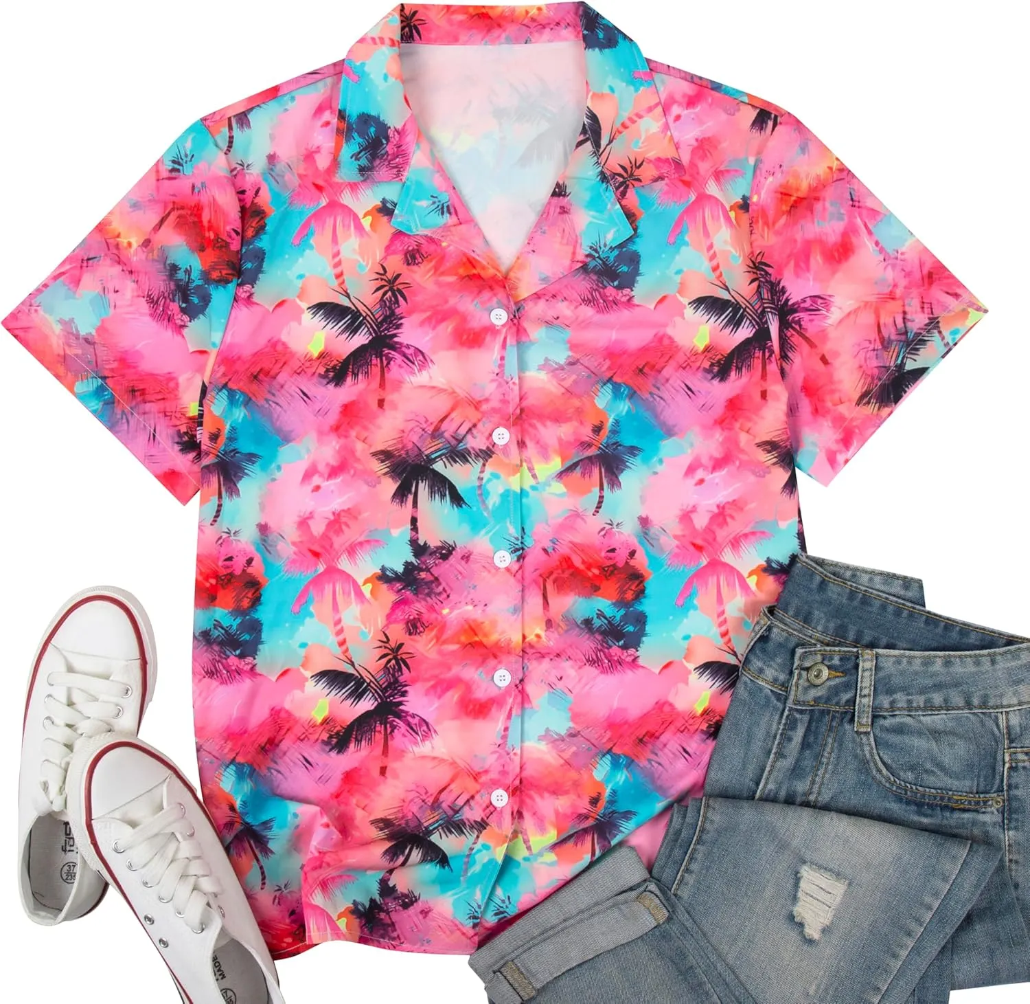 Women Hawaiian Shirt Soft Cool Summer Hawaii Tshirts Beach Tropic Print V Neck Button up Tops Floral Short Sleeve Tops