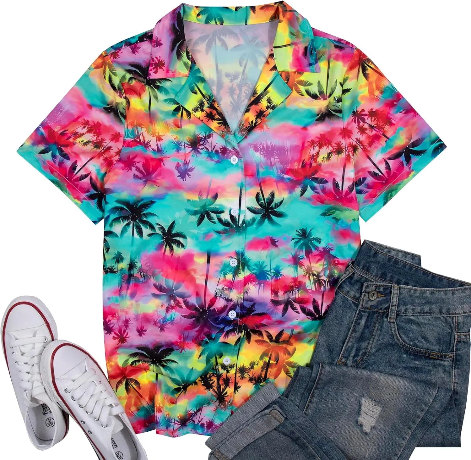 Women Hawaiian Shirt Soft Cool Summer Hawaii Tshirts Beach Tropic Print V Neck Button up Tops Floral Short Sleeve Tops