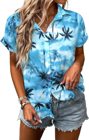 Women Hawaiian Shirt Soft Cool Summer Hawaii Tshirts Beach Tropic Print V Neck Button up Tops Floral Short Sleeve Tops