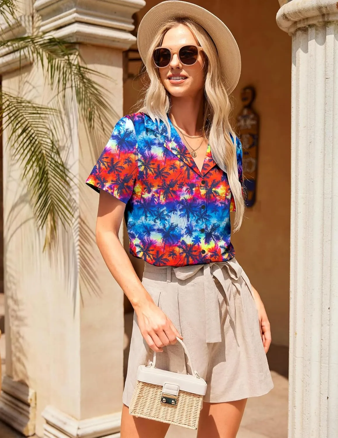 Women Hawaiian Shirt Soft Cool Summer Hawaii Tshirts Beach Tropic Print V Neck Button up Tops Floral Short Sleeve Tops