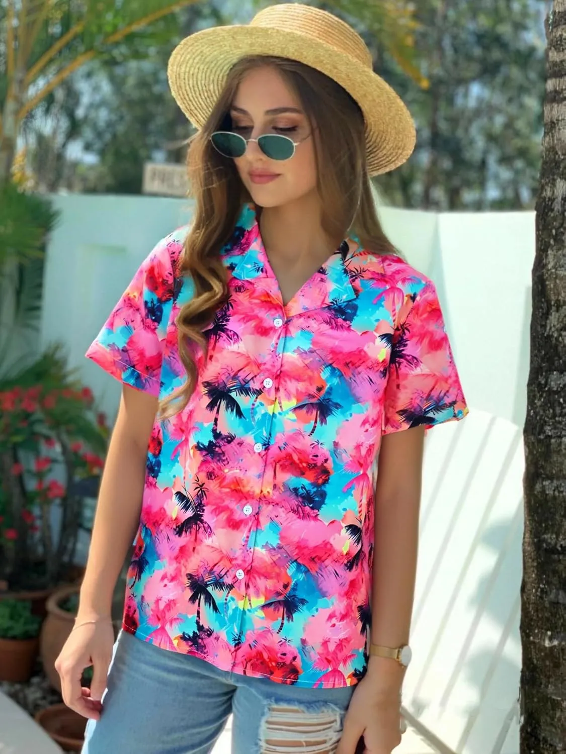 Women Hawaiian Shirt Soft Cool Summer Hawaii Tshirts Beach Tropic Print V Neck Button up Tops Floral Short Sleeve Tops